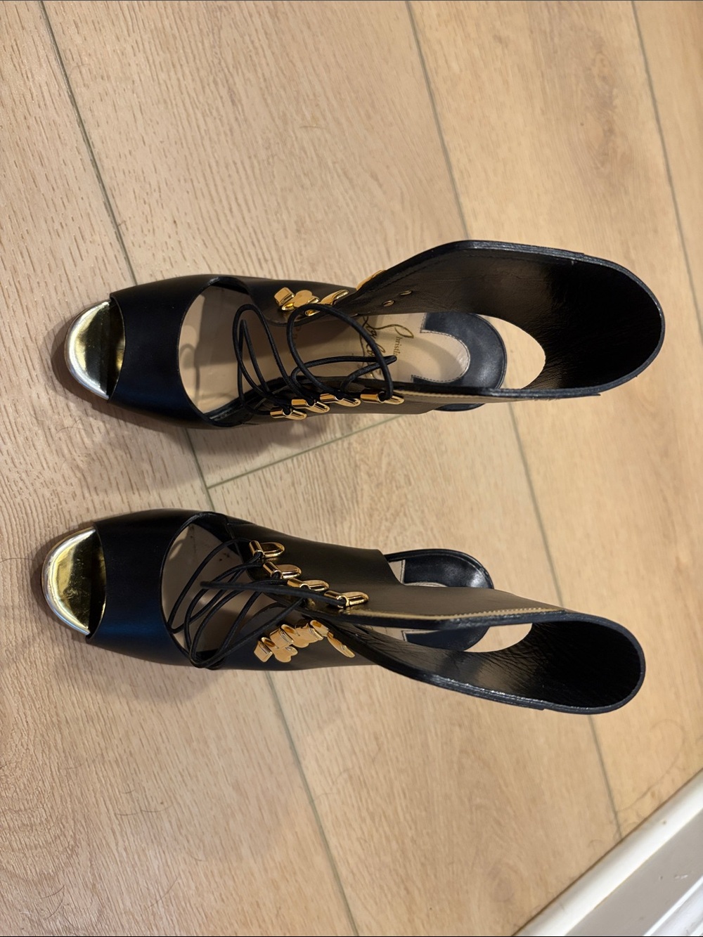 Christian Louboutin Black and Gold Open-Toe Lace-Up Booties - Picture 2 of 6